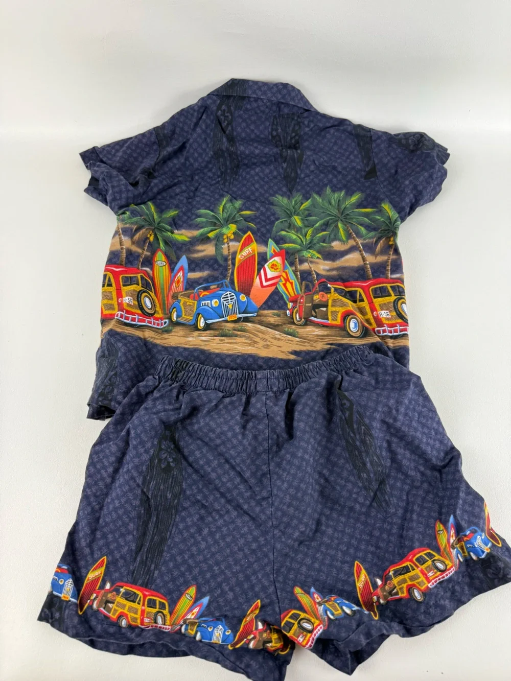 Vintage Royal Creations Made in Hawaii Kids Hawaiian Shirt Shorts Set Woodie Car